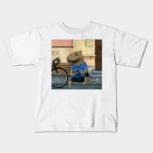 Capybara drinking on the pavement Kids T-Shirt by argiropulo